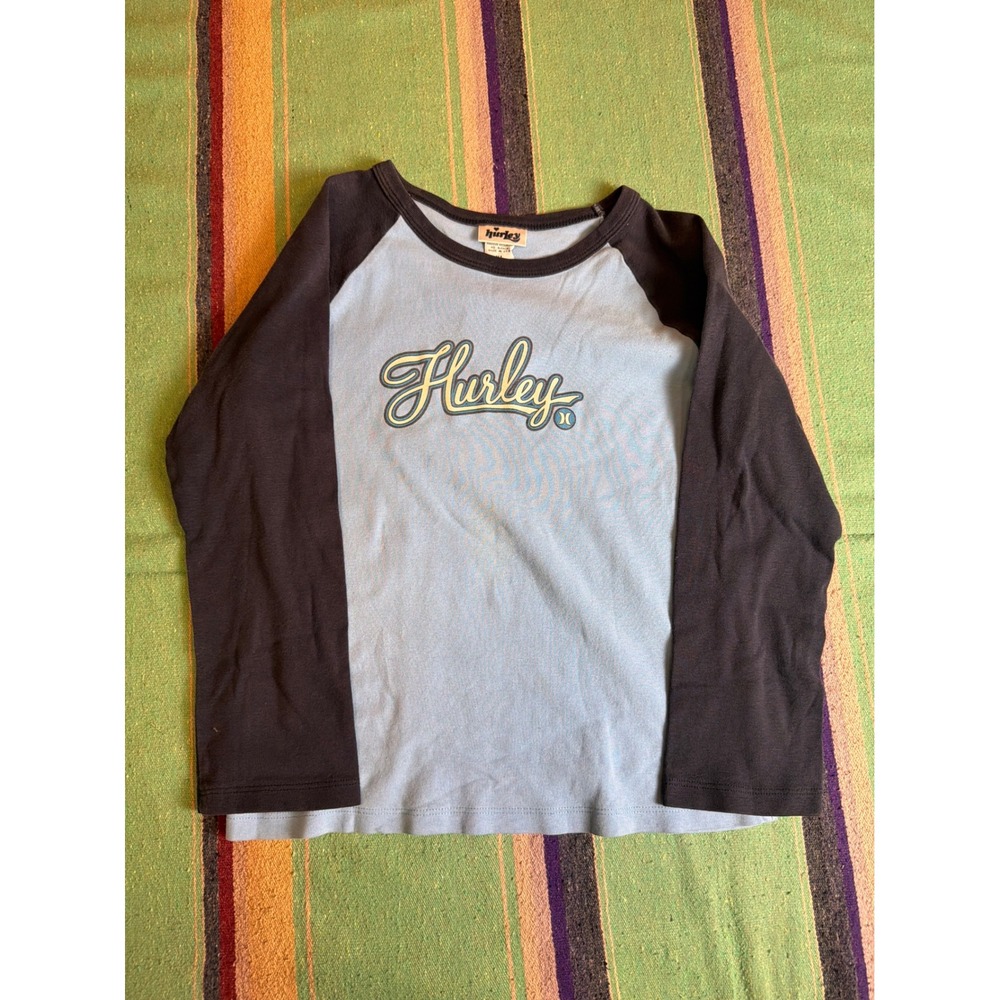 Hurley Raglan T-Shirt Womens XL Blue Black Long Sleeve Script Logo Y2K Surf Tee